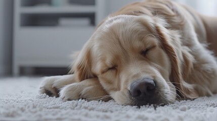   A tight shot of a dog reclining on a carpet, its head touching the floor, eyes shut