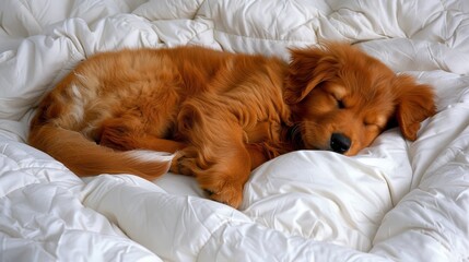   A brown dog sleeps atop a white comforter on a bed