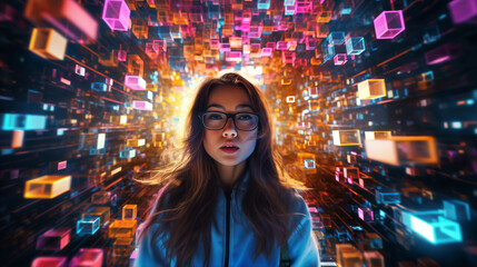 portrait of a girl against the background of the night streets of a modern city, with lights and glow and digital ai elements