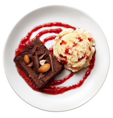 prato com brownie de chocolate com castanhas acompanhado de sorvete de baunilha com calda de morango visto de cima isolado em fundo transparente