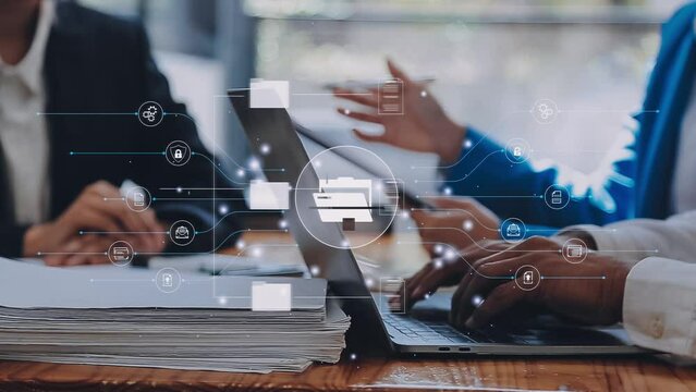 Document management concept. Virtual screen icons Document Management System DMS Online document database, software for efficient archiving, searching and management of company files and data.
