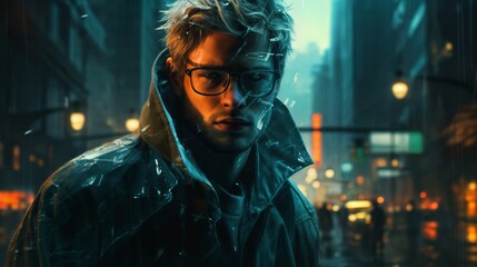 portrait of a man against the background of the night streets of a modern city, with neon lights and glow