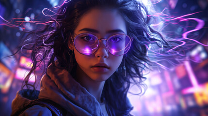 portrait of a girl against the background of the night streets of a modern city, with neon lights and glow