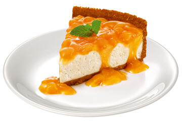 prato com delicioso cheesecake com calda de frutas amarelas isolado em fundo transparente