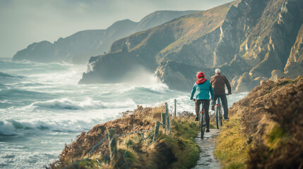 A dynamic shot of an elderly couple enjoying a bike ride along a scenic coastal path, with crashing...