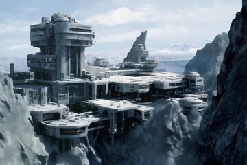 A military or research station in the mountains, futuristic