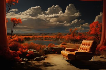 red armchair in front of dark dramatic landscape, summer season, lake and sky, horizon over plain