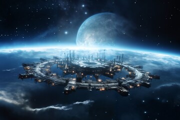 space station on the background of the planet and space, futuristic cities and technologies, exploration and exploration of galaxies