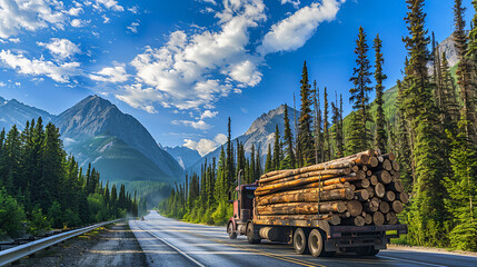 Truck driving down road next to forest, transportation and nature. Highway mountains USA Canada