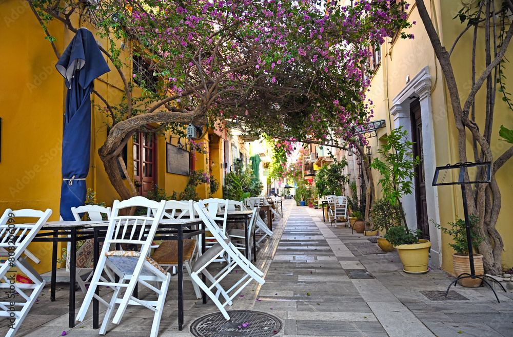 Canvas Prints morning in the narrow streets of nafplion town with bougainvillea flowers