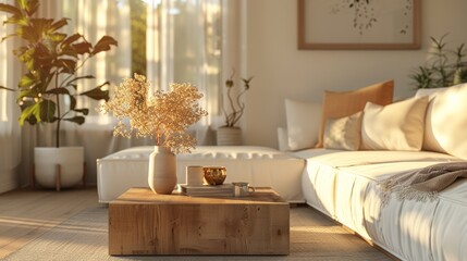 Detailed 3D illustration of a cozy Scandinavian living room with a cubic wooden coffee table and comfortable white sofa, under the glow of golden hour light.