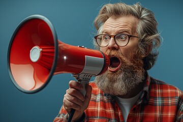 Fototapeta premium Bearded man yelling into a red megaphone