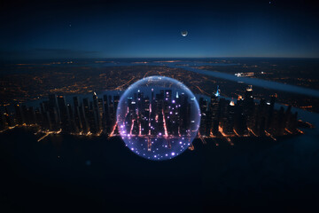 energy sphere in front of the night mega city , aerial view