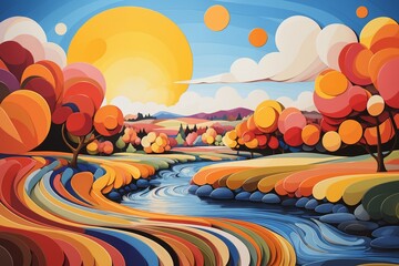 abstract vivid landscape in the style of illustration of digital art and graphics, river in the summer season, field and sky, horizon over the plain