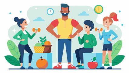 A nutritionist guides a group of clients through a workout session tailored to their specific dietary needs.. Vector illustration