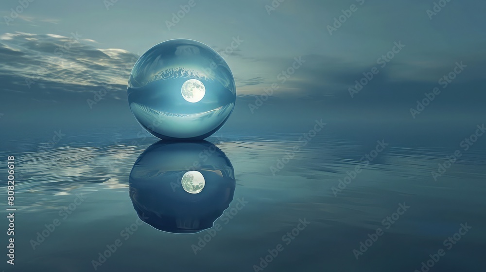 Poster round glassy sphere on sandy beach with moon view in glassy round shape sphere with cloudy sky view