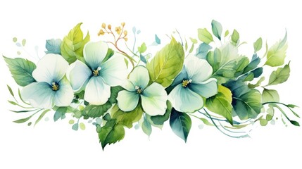 Watercolor of Tropical spring floral green leaves and flowers isolated on white backgrounds