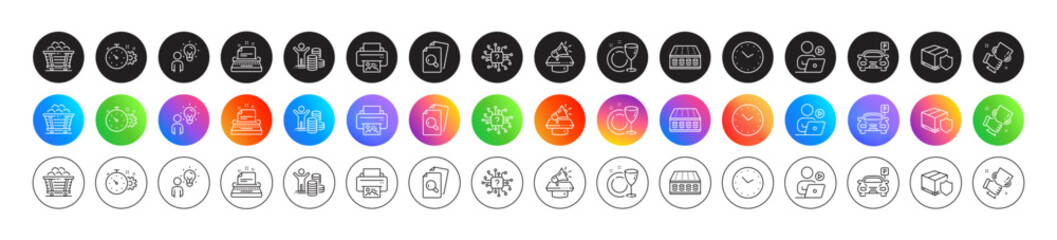 Time, Print image and Megaphone line icons. Round icon gradient buttons. Pack of Artificial intelligence, Typewriter, Video conference icon. Vector
