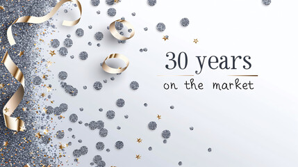 Bright background for congratulations with the inscription "30 years in marketing" with sparkles and confetti