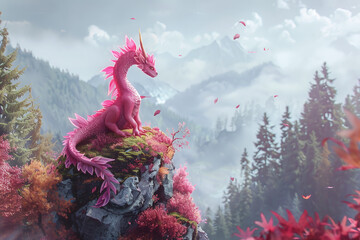 Fairytale, pink dragon sits on a rock in a magical forest