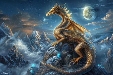 A fabulous, golden dragon sits on a rock in a magical, night forest