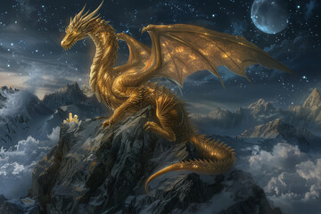 Fairytale, golden dragon in a magical night forest
