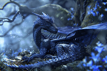 Fairytale, blue dragon in a magical, night forest