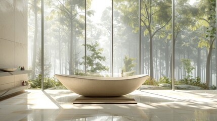 Fototapeta premium Detailed 3D illustration of a minimalist bathroom with an elegant freestanding tub, low-profile fixtures, and a sweeping view of a forest through clean, bright windows.