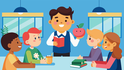 A student excitedly sharing their newly acquired knowledge on saving and investing with their friends in the school cafeteria.. Vector illustration