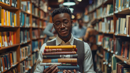 A young man holding books in a library.