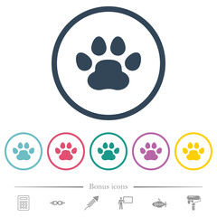 Paw print solid flat color icons in round outlines