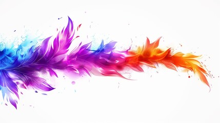   Multicolored feather with painted splatters on one side, set against a pristine white background
