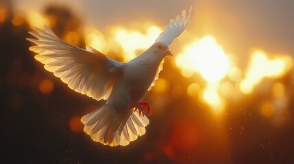 White Dove Flying in Front of the Sun