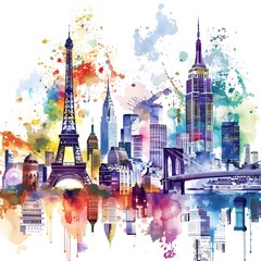 Watercolor-style illustrations of famous city skylines, such as New York City, Paris, London, Tokyo, and Sydney, capturing recognizable landmarks and architectural icons with vibrant colors