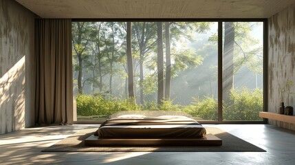 Detailed 3D illustration of a minimalist bedroom with a perfect balance of shadow and light, offering a view of a forest in early spring through a picture window.