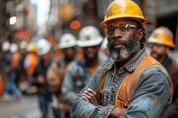 African American construction manager in thoughtful pose with arms crossed, workers in the background