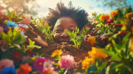 The picture of the black woman working inside the garden that filled with flower, the woman has been buried in the ground and surrounded with the colourful flower also put hand out of ground. AIG43. - Powered by Adobe