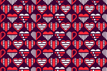 Fototapeta premium Abstract seamless red and white colored decorative, stylized geometric hearts. Endless repeating heart shapes, abstract pattern design.