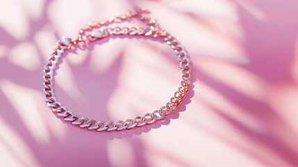 Fototapeta premium Silver Chain Bracelet on a Pink Shadowed Background Capturing the Essence of Minimalist Jewelry Design