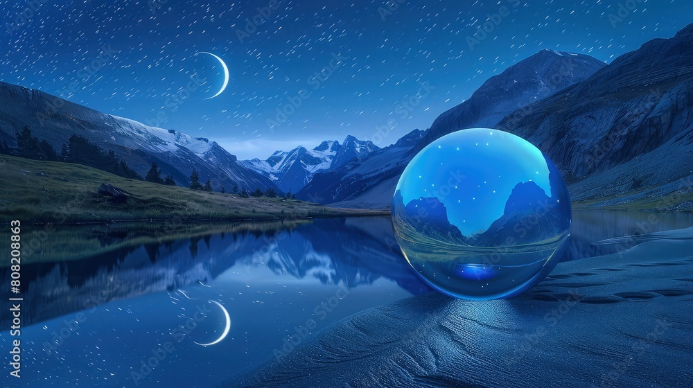 Poster landscape with moon and mountains with glassy globe with reflection of moon in it with starry sky vi