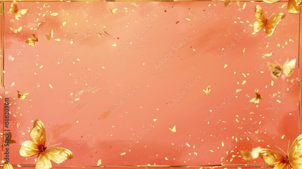 Poster teal orange backdrop with golden frame of butterflies in border with copy space for your adding text