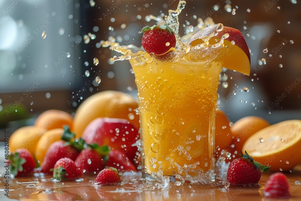 Poster refreshing orange juice splash with strawberries and raspberries flying around in dynamic motion