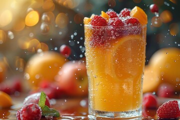 An enticing glass of fruit cocktail topped with raspberries against a sparkling water background