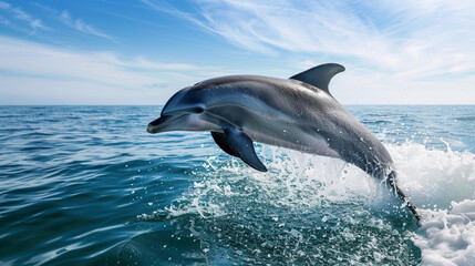 Majestic Dolphin Leaping from Sparkling Ocean Waters under Clear Blue Sky