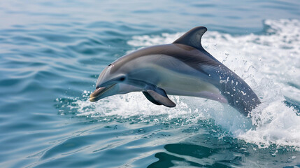 Majestic Dolphin Leaping from Sparkling Ocean Waters under Clear Blue Sky