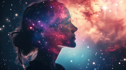 Cosmic Dreams Portrait. A surreal portrait of a woman with a cosmic galaxy overlay on her face, set against a starry background.
