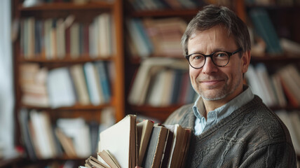 Man holding books in a library