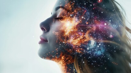 Cosmic Woman: A Universe Within. A creative portrait of a woman with her face merging into a cosmic galaxy, symbolizing a blend of human and universe.