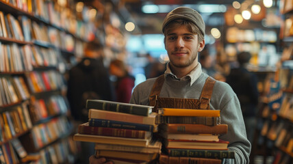 Young man holding books in a bookstore