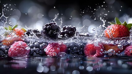Fruit splashing into dark water: Artistic digital creation. Concept Fruits, Splashing, Dark Water,...
